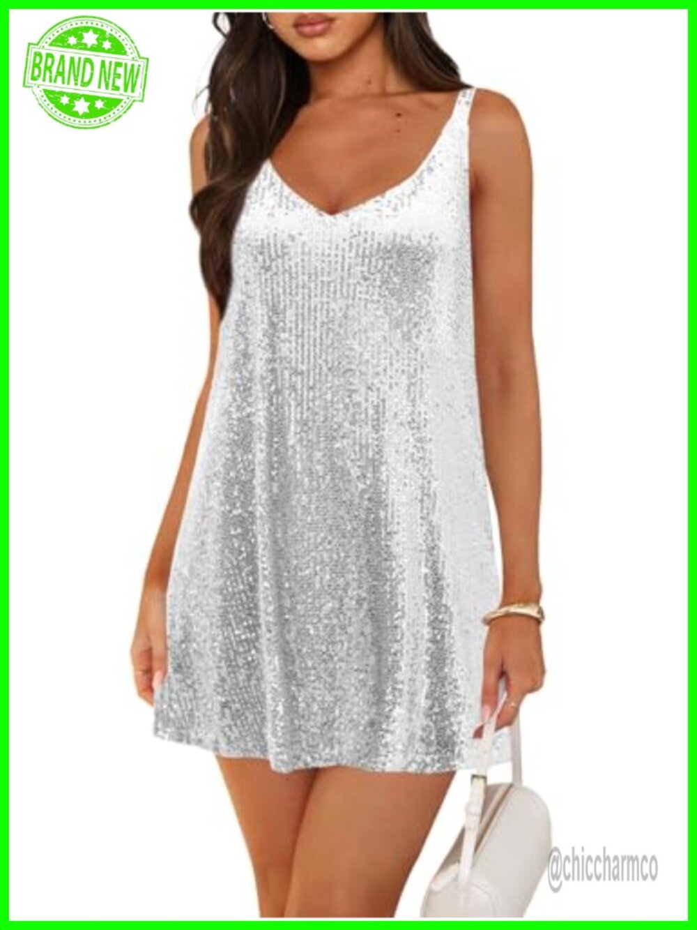 Sequin Shift Dress Sparkly Mini V-Neck Backless